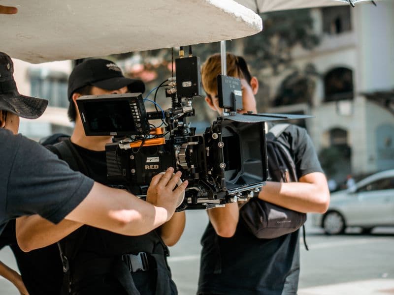 Professional camera on a gimbal recording commercial brand content